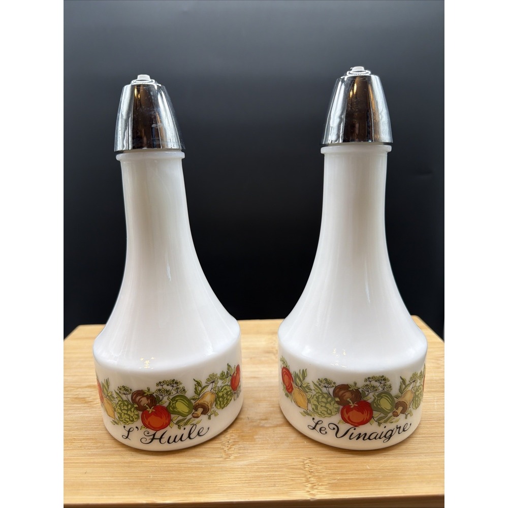 Vintage Gemco Corning Ware SPICE OF LIFE Vinegar  and Oil Cruets Milk Glass